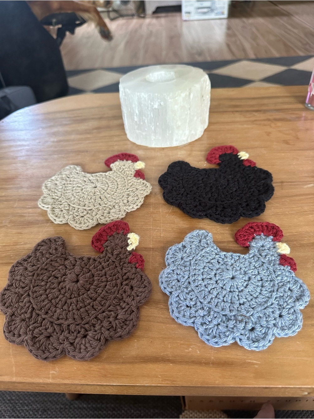 Handmade Crochet Chicken Coasters - Set of 4 (Cream, Black, Brown, Blue) New